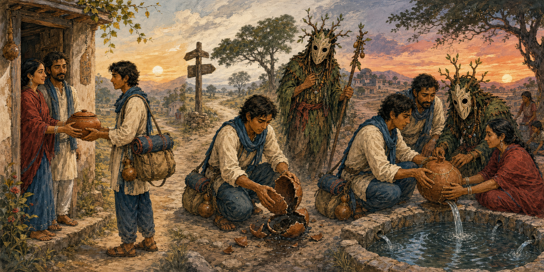 Three connected scenes show a traveler receiving a clay vessel, breaking it near a masked forest figure, and helping repair it beside a community water basin.