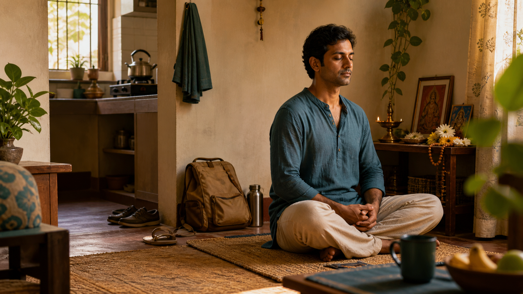 A householder meditates briefly beside a simple devotional shelf while a kettle, work bag, and shoes show the ordinary morning routine around them.