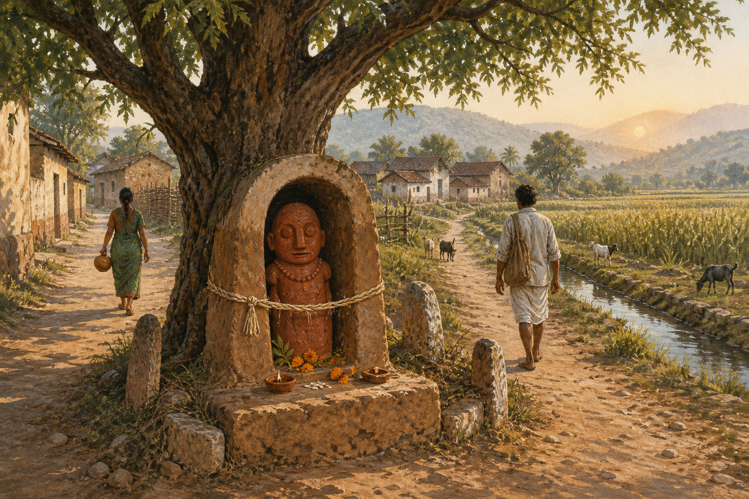A small terracotta guardian shrine stands beneath a tree at a village boundary, surrounded by flowers, fields, homes, goats, and an irrigation channel.