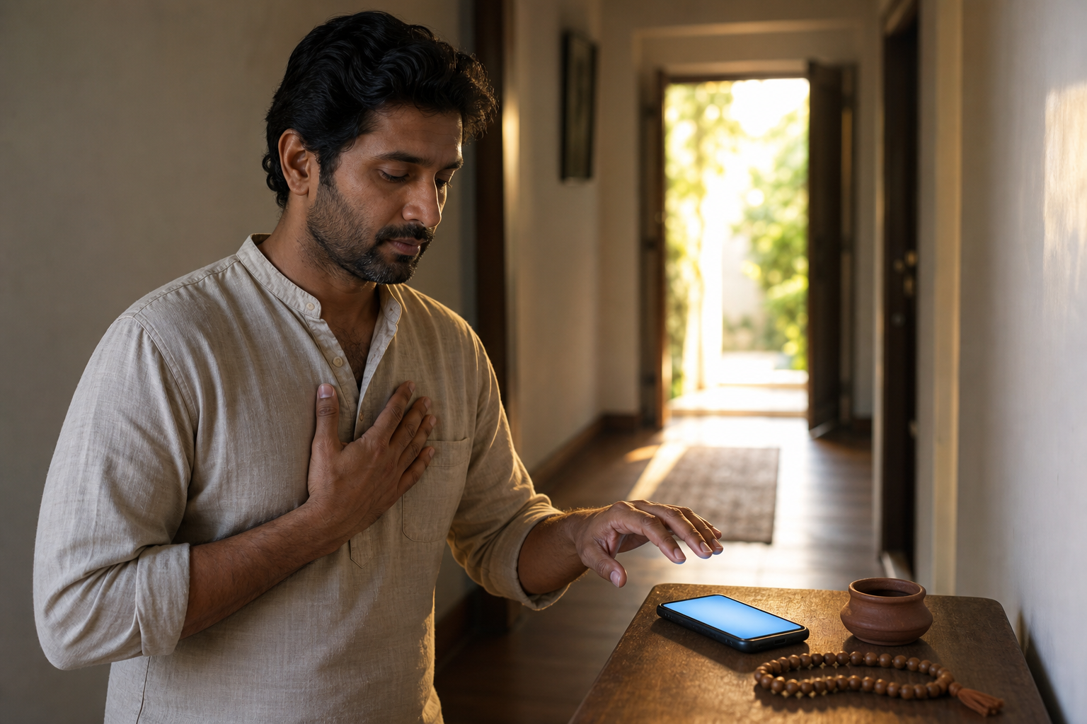 A person pauses with one hand above a glowing phone and the other at their chest, with prayer beads resting on the table nearby.