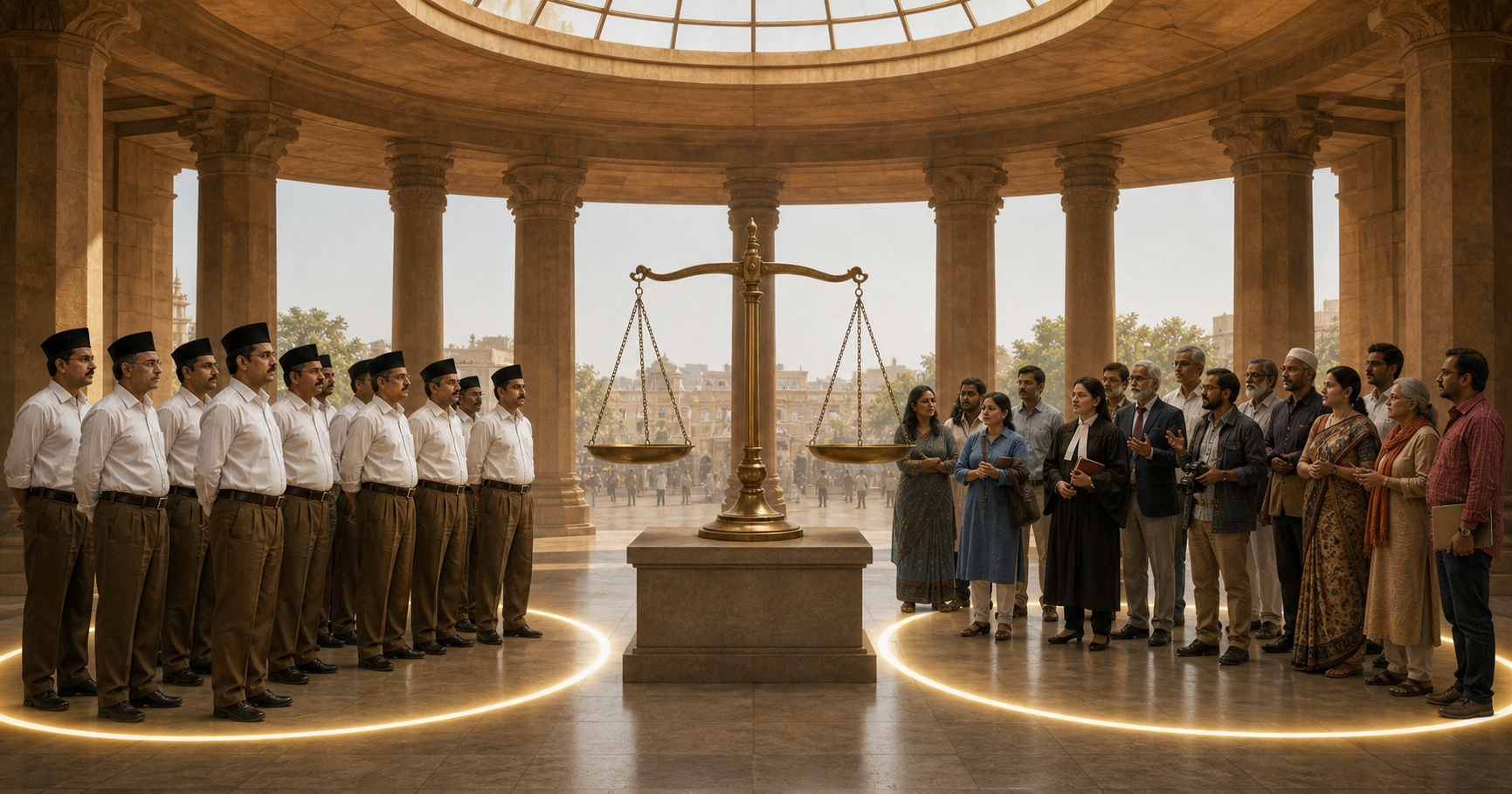 A balanced scale stands in an Indian courthouse between a uniformed civic association and a diverse group of citizens and critics, all encircled by the same light.