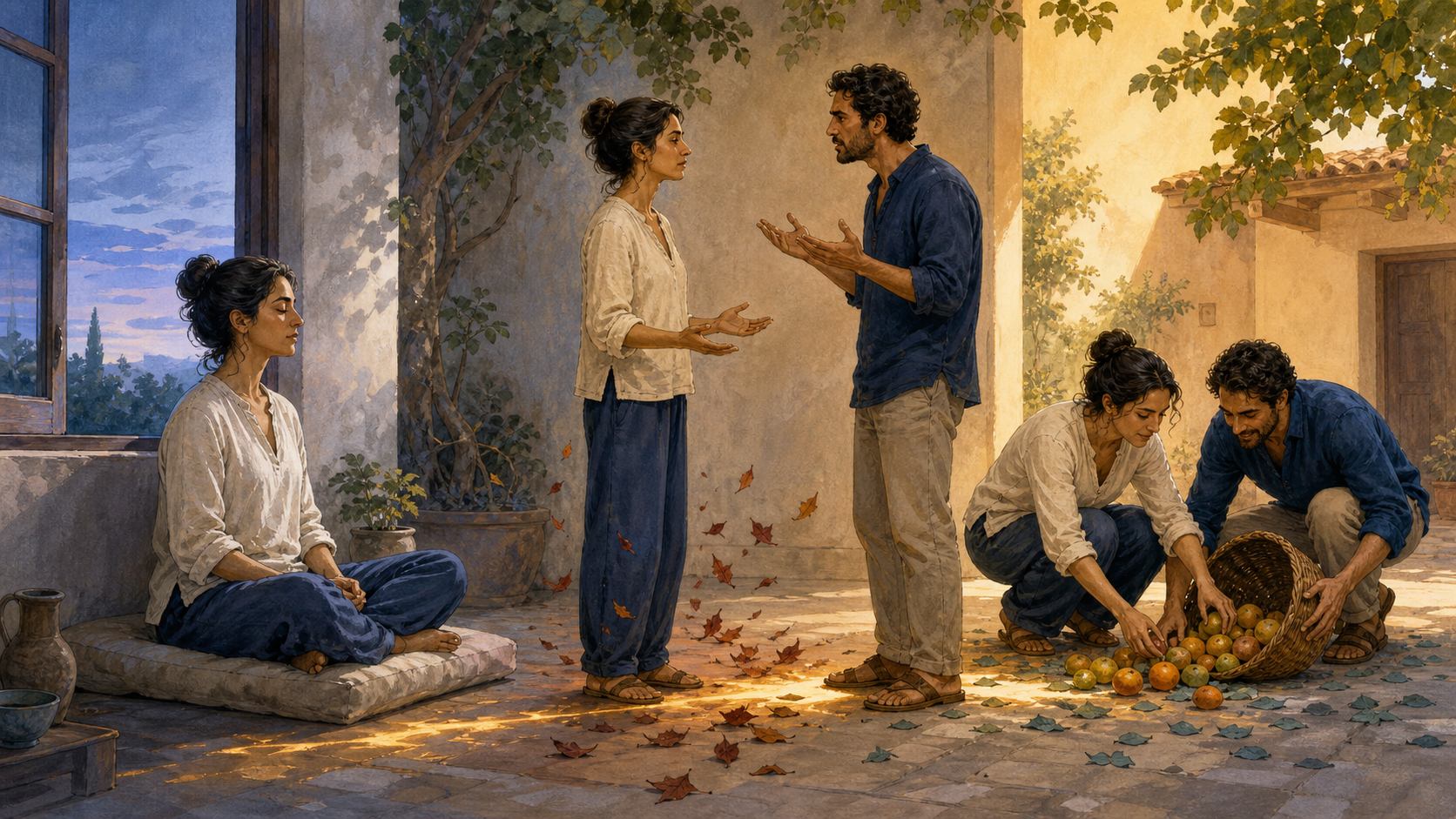 A panoramic illustration shows the same adult meditating at dawn, pausing during a tense conversation, and helping another person gather fruit from a fallen basket.