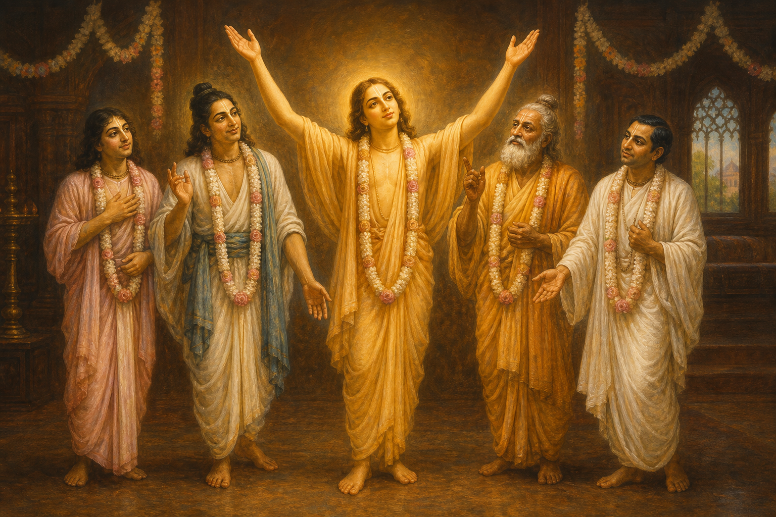 Original devotional illustration of the five Pancha-Tattva figures standing together, with Sri Caitanya at the center raising his arms in warm golden light.