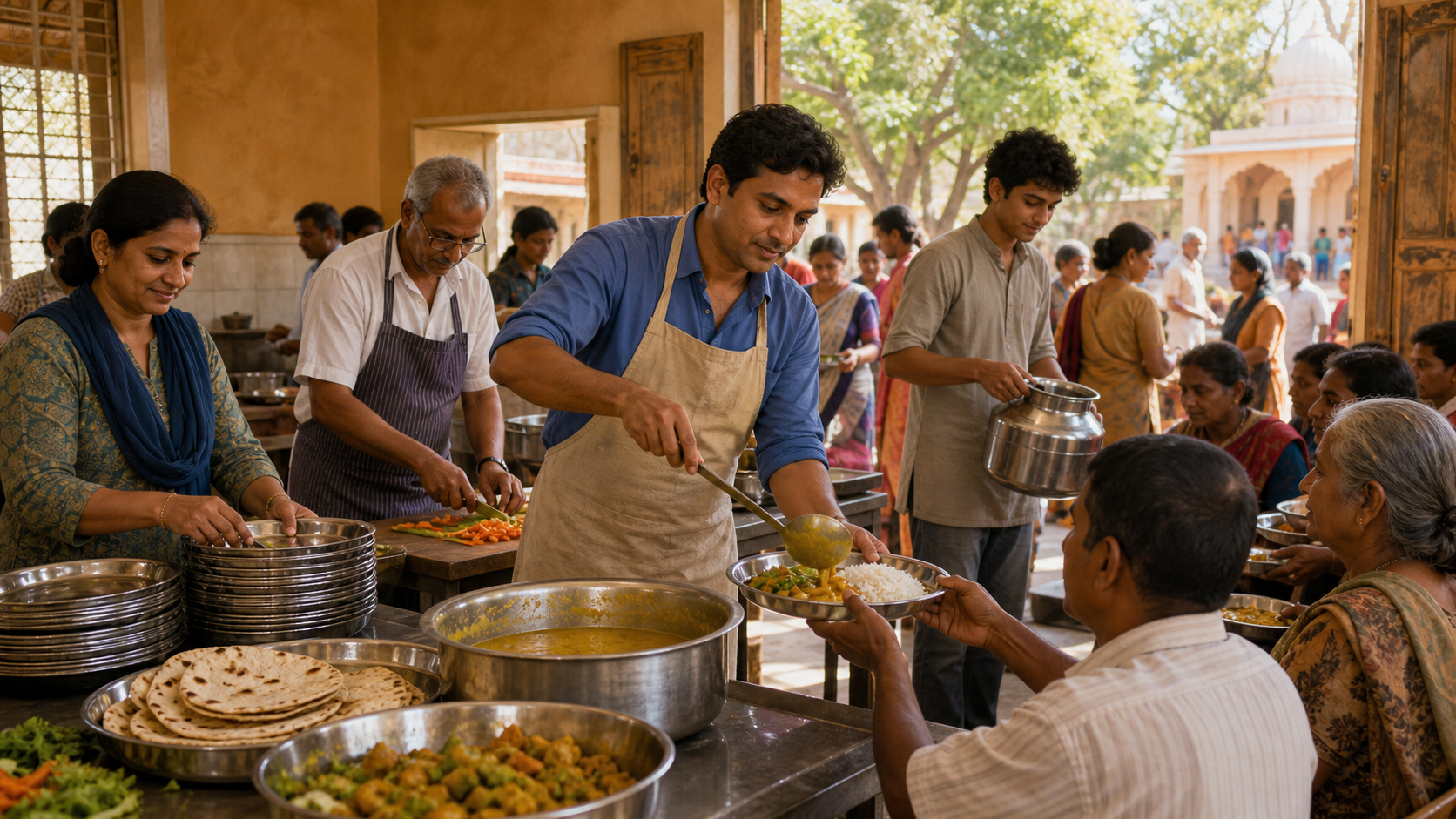 Volunteers of different ages prepare and serve a vegetarian meal together in a sunlit community kitchen beside a temple courtyard.