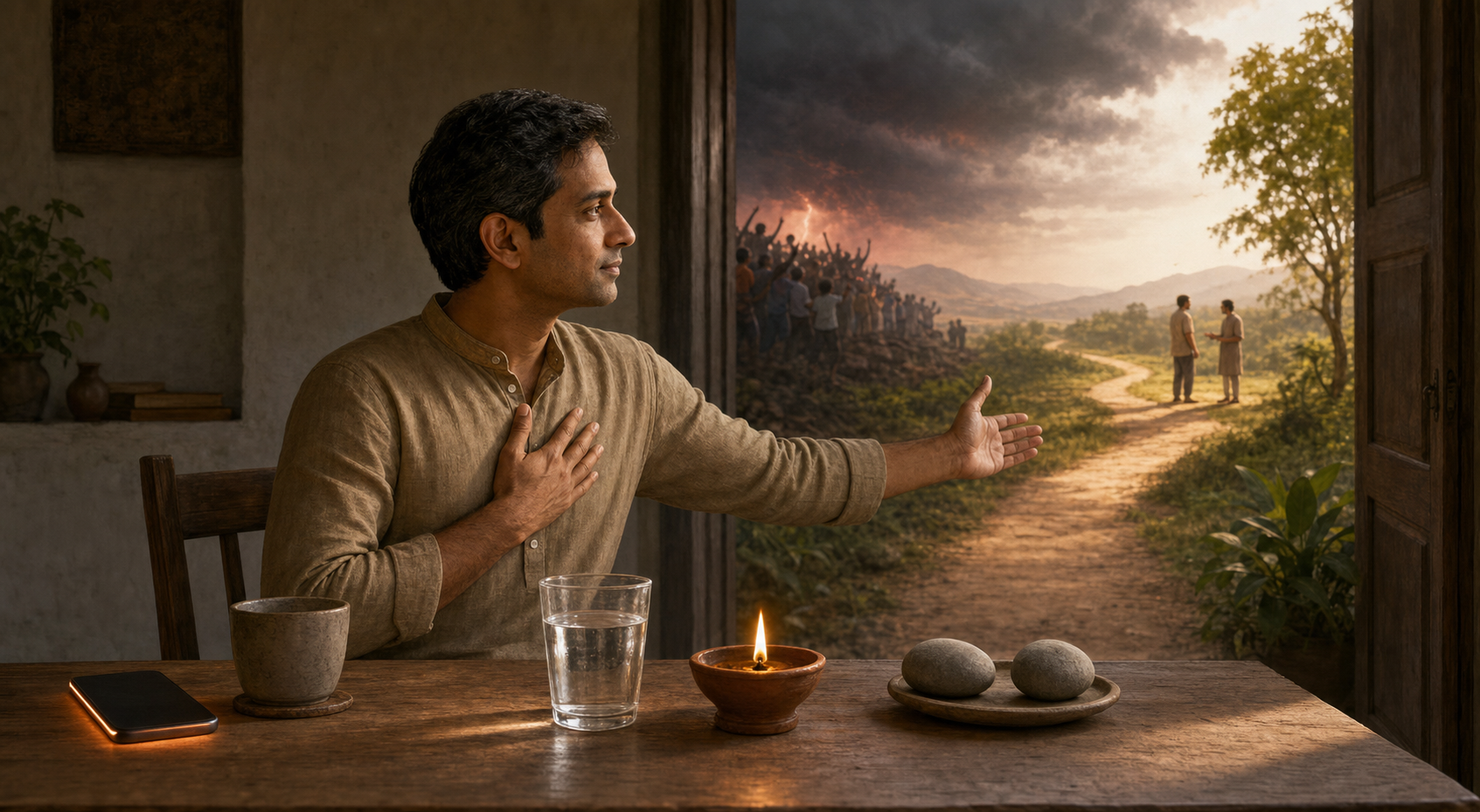 A composed person sits beside a face-down phone, water, a lamp, and balanced stones while an open doorway reveals a crowd and a quieter path toward conversation.