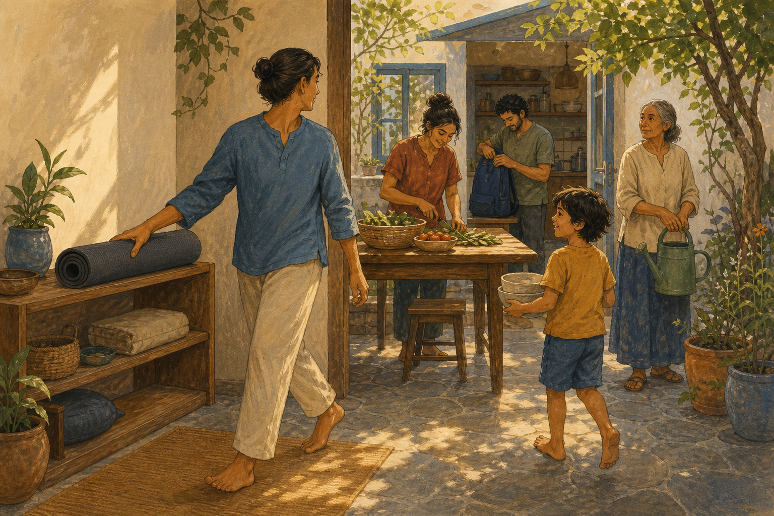 An adult puts away a meditation mat and joins family members preparing food, packing a bag, watering plants, and setting a table.
