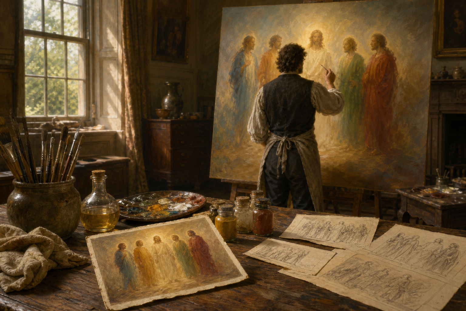A small devotional print, paints, and brushes sit beside an artist working on a much larger five-figure canvas in a manor studio.