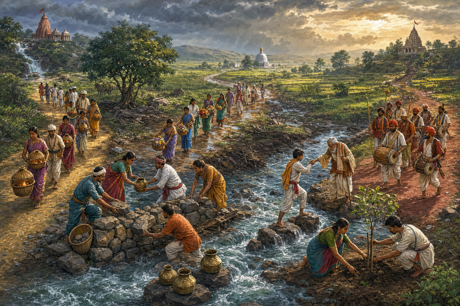 Three groups follow separate paths and carry different ritual objects before working together to repair a village water channel and help an elderly traveler.