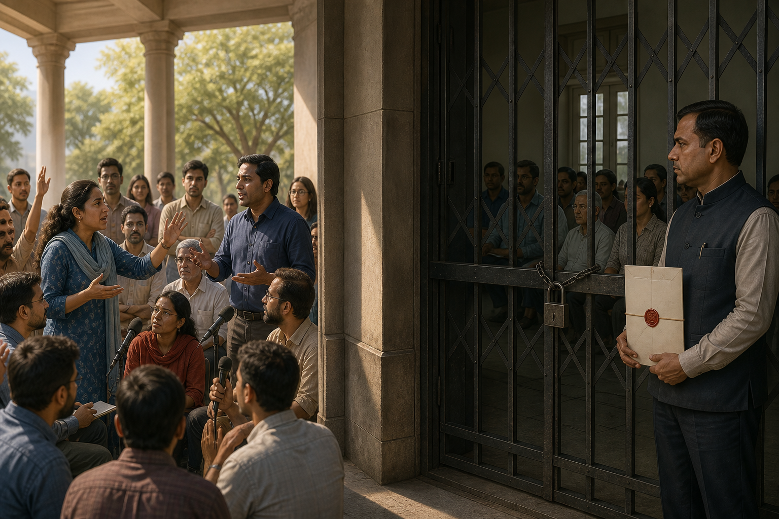 A peaceful public debate in an open colonnade is contrasted with a government gate closing an association's meeting hall.