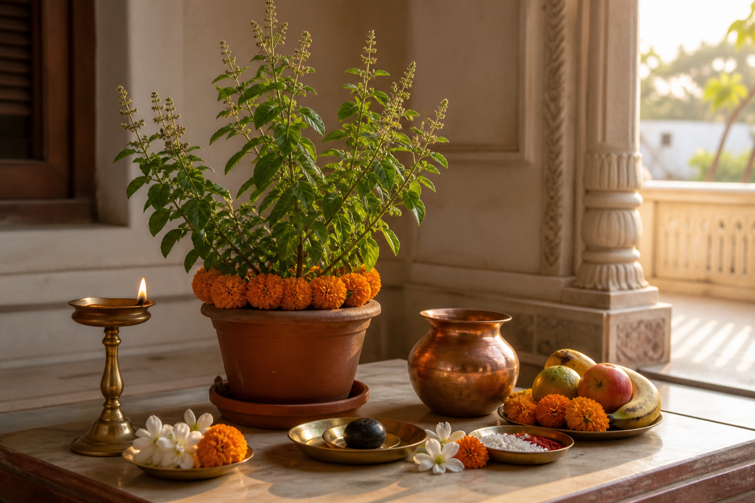 A home altar with a living Tulsi plant, a black Shaligram stone in a brass dish, a lit oil lamp, flowers, fruit, and water offerings.