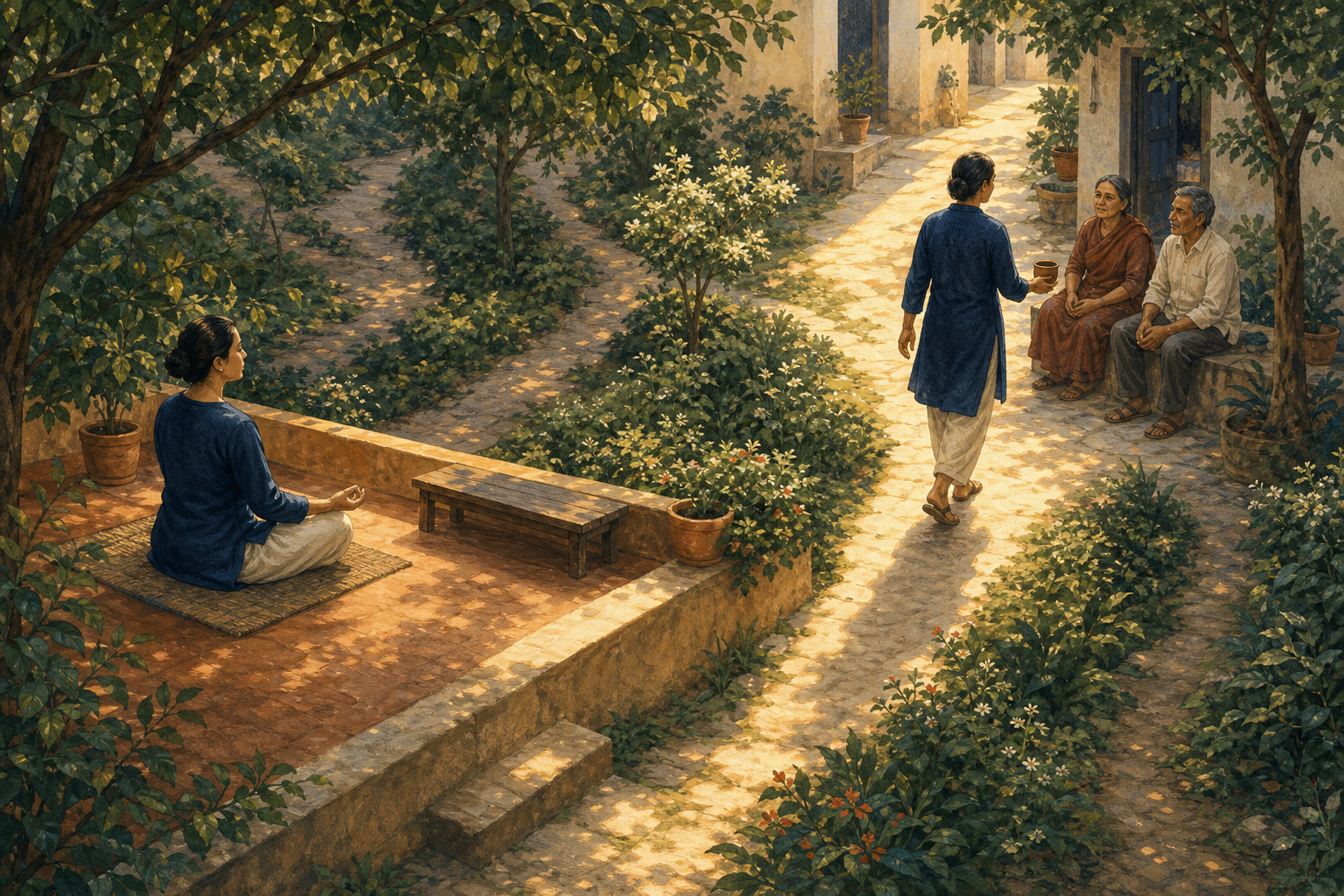 An elevated illustration shows a person following one of several garden paths toward a courtyard where they listen to two neighbors and offer a cup of water.