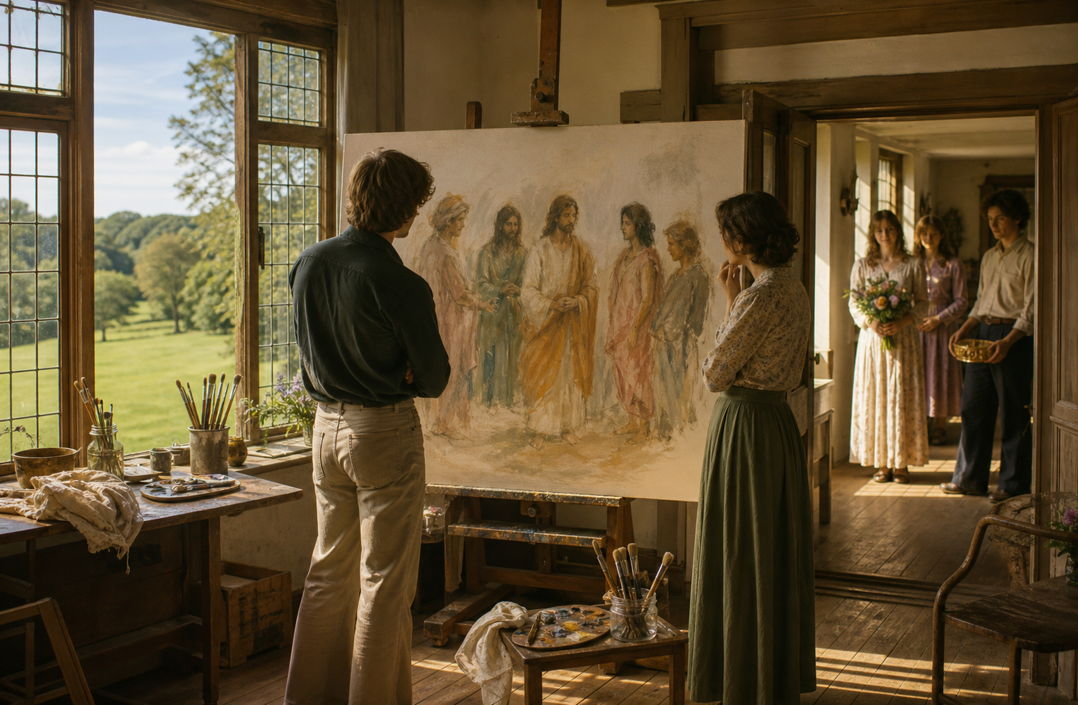 Artists and community members gather around an unfinished five-figure oil painting in a sunlit English manor studio during summer.