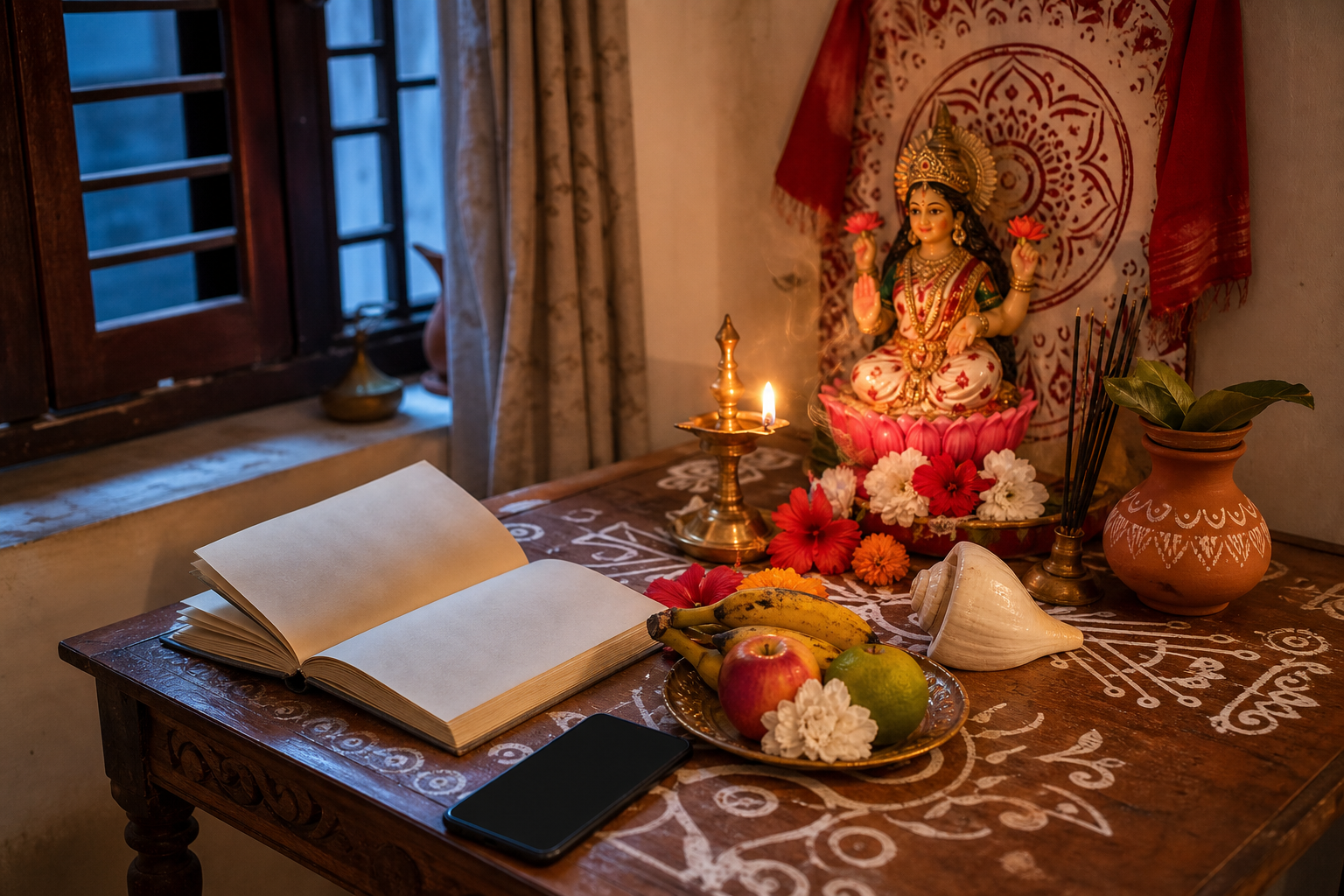 A Bengali household altar prepared with a Lakshmi murti, brass lamp, flowers, fruit, an open almanac, and an unbranded smartphone at dusk.