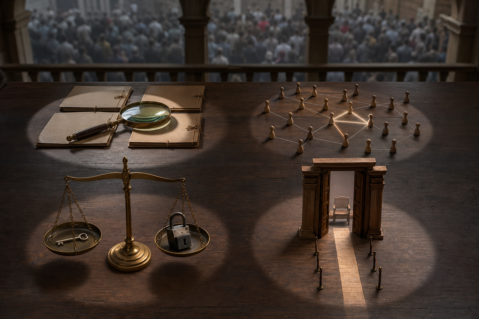 Four illuminated evidence stations show individual case files, a network of figures, a scale comparing a key and padlock, and an open hearing doorway.