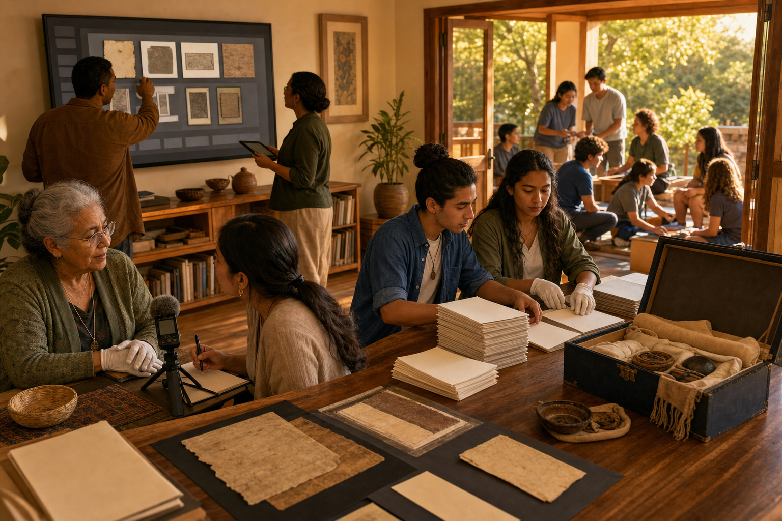 Community participants digitize sources, record an oral history, assemble study materials, and share the resources with younger learners in an adjoining room.