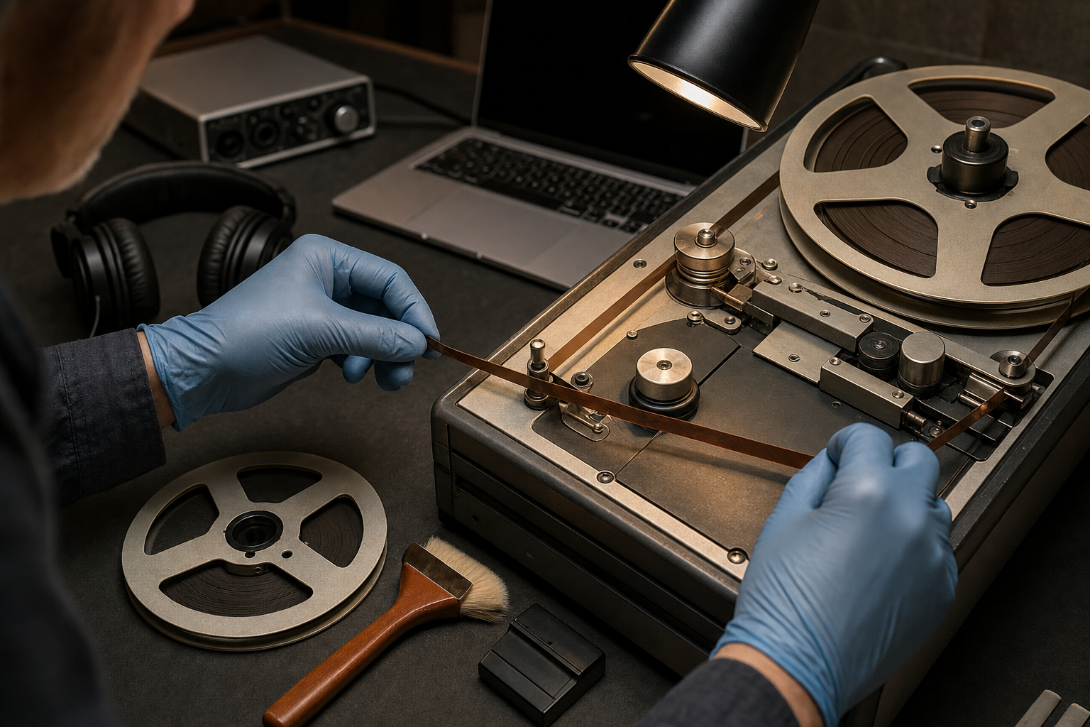 Gloved hands inspect an aging reel of magnetic tape on audio preservation equipment beside headphones and a computer.