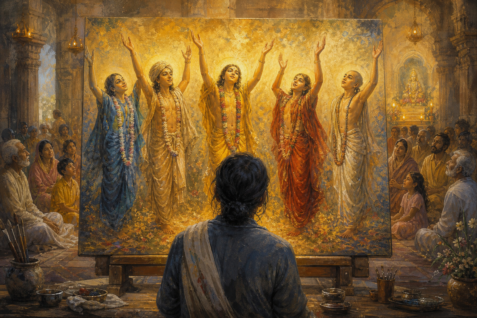 A viewer studies the forms and gestures of a five-figure devotional painting as warm light extends from the canvas toward a gathered community.