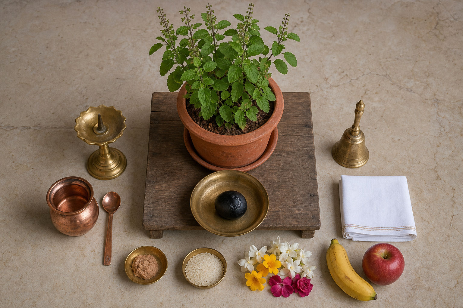 An overhead view of a simple Tulsi-Shaligram altar with a terracotta Tulsi pot, Shaligram stone, lamp, water vessel, bell, flowers, rice, fruit, and cloth.