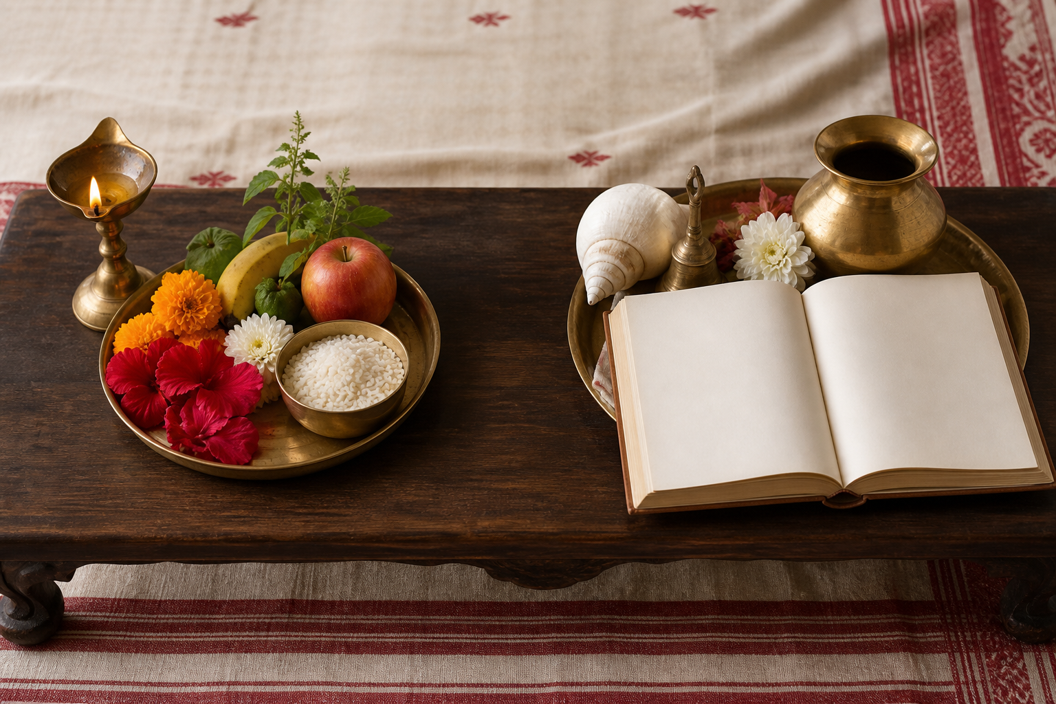Two puja arrangements sit side by side, one with simple recurring offerings and the other accompanied by an open almanac and additional ritual vessels.