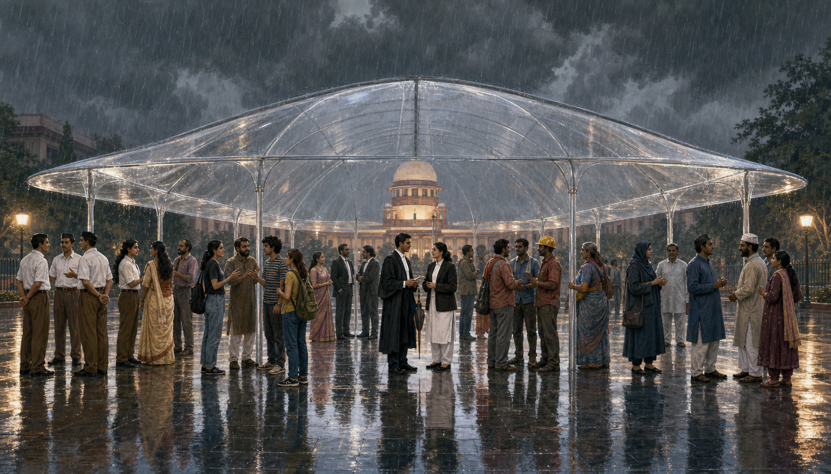 People from opposing civic and political groups argue beneath one transparent canopy in a rainy plaza while a courthouse glows behind them.