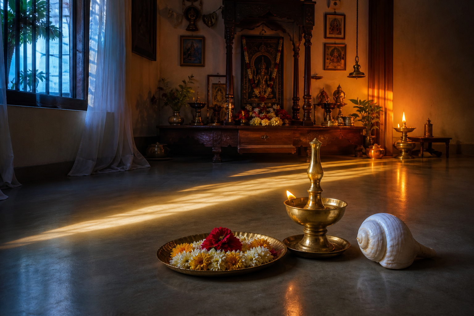 A single household altar is shown under changing light from dawn through midday to evening, with window shadows moving across the room.