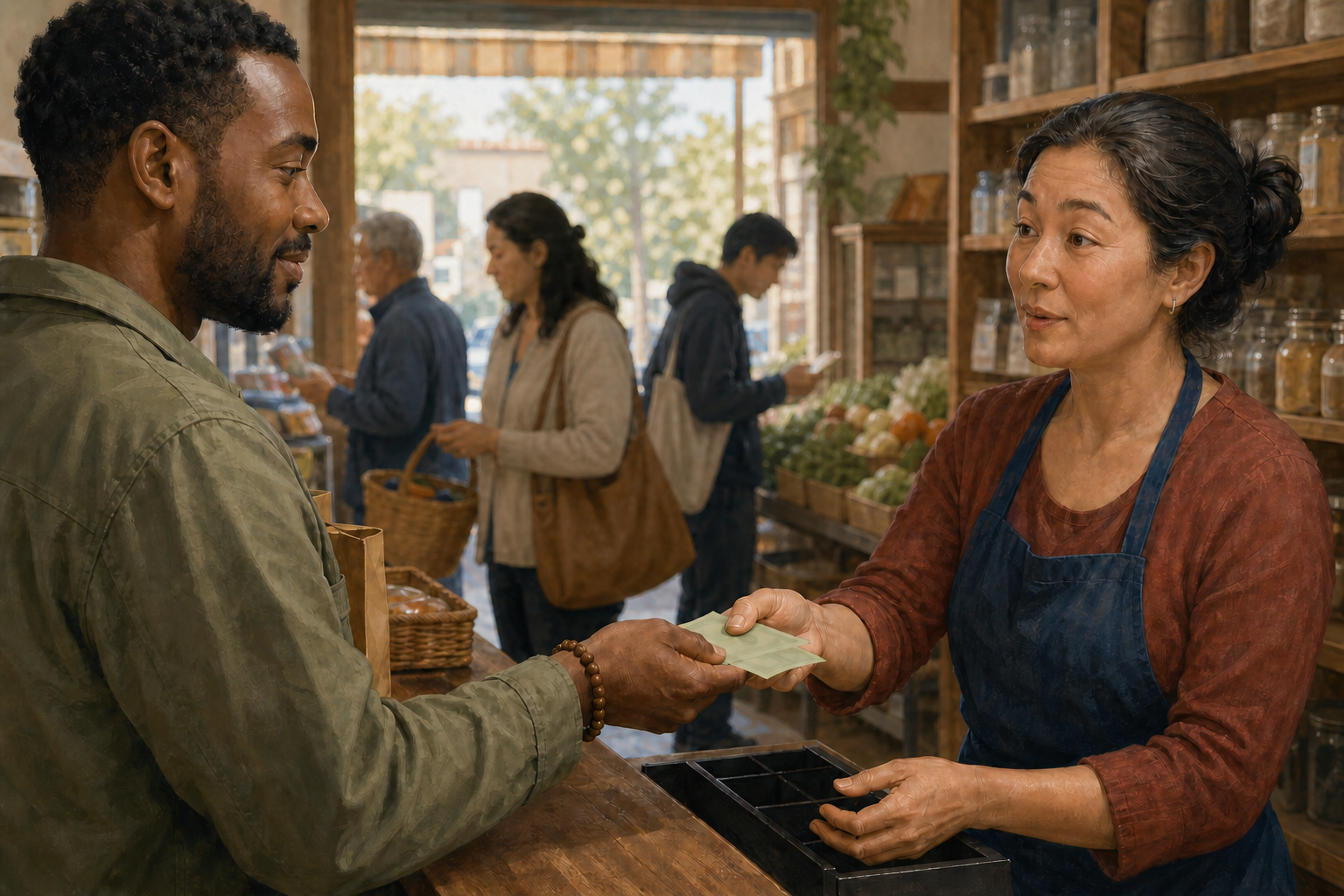 A customer at a neighborhood shop hands extra change back to a cashier while other shoppers stand in the background.