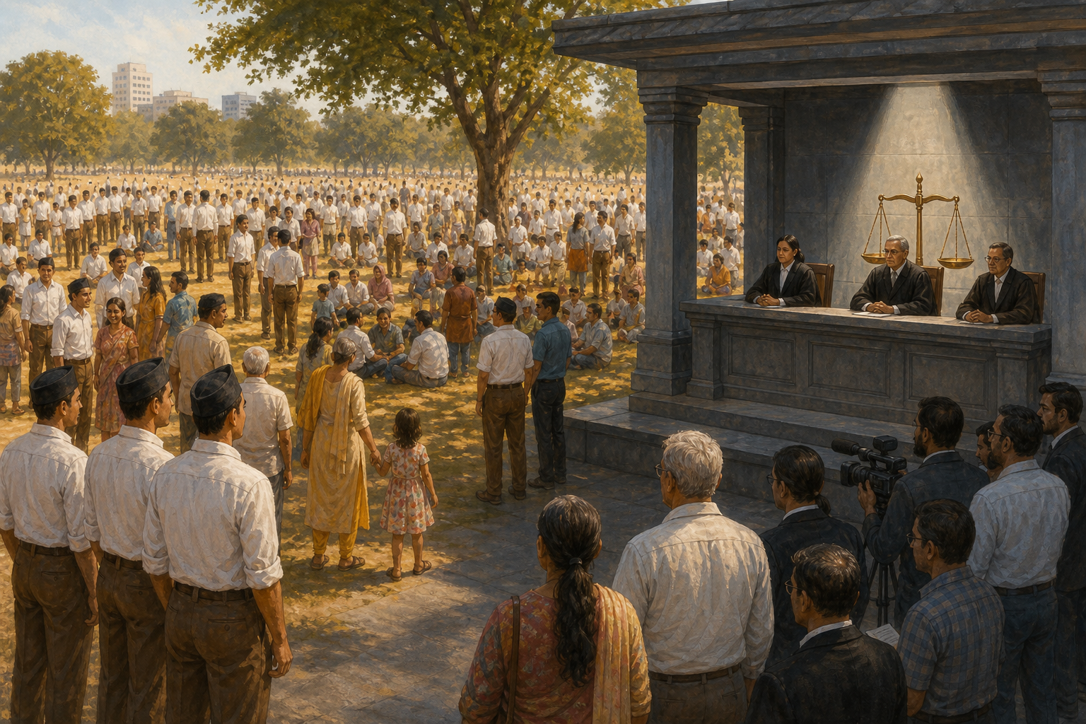 A large peaceful volunteer gathering occupies a sunny field beside a shaded judicial pavilion with lawyers, observers, and a balanced scale.