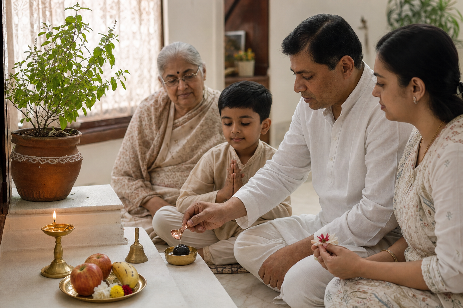 A family performs a simple home puja beside a potted Tulsi plant and Shaligram stone, offering water and flowers near a lit brass lamp.