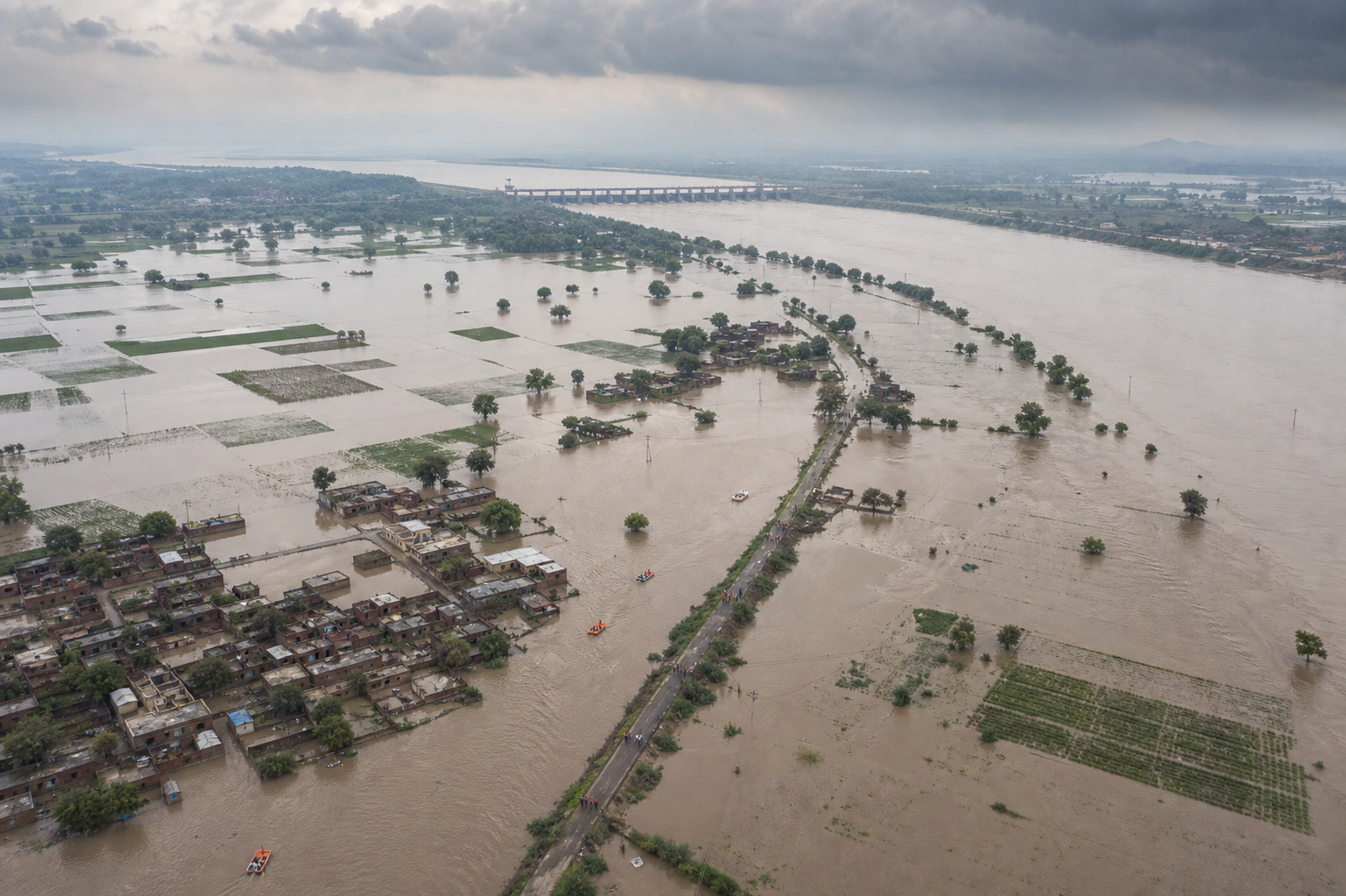 Aerial view of a flooded Punjab river plain with submerged fields, waterlogged villages, blocked drainage channels, raised roads, and small rescue boats.
