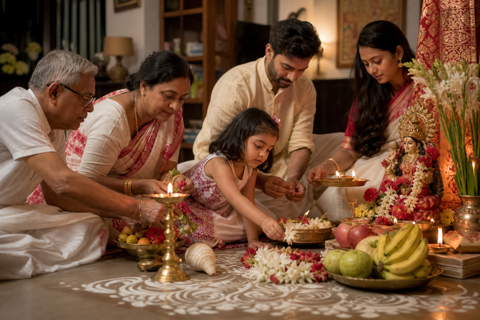 Three generations of a Bengali family arrange flowers, fruit, and a brass lamp for a Thursday Lakshmi puja at home.