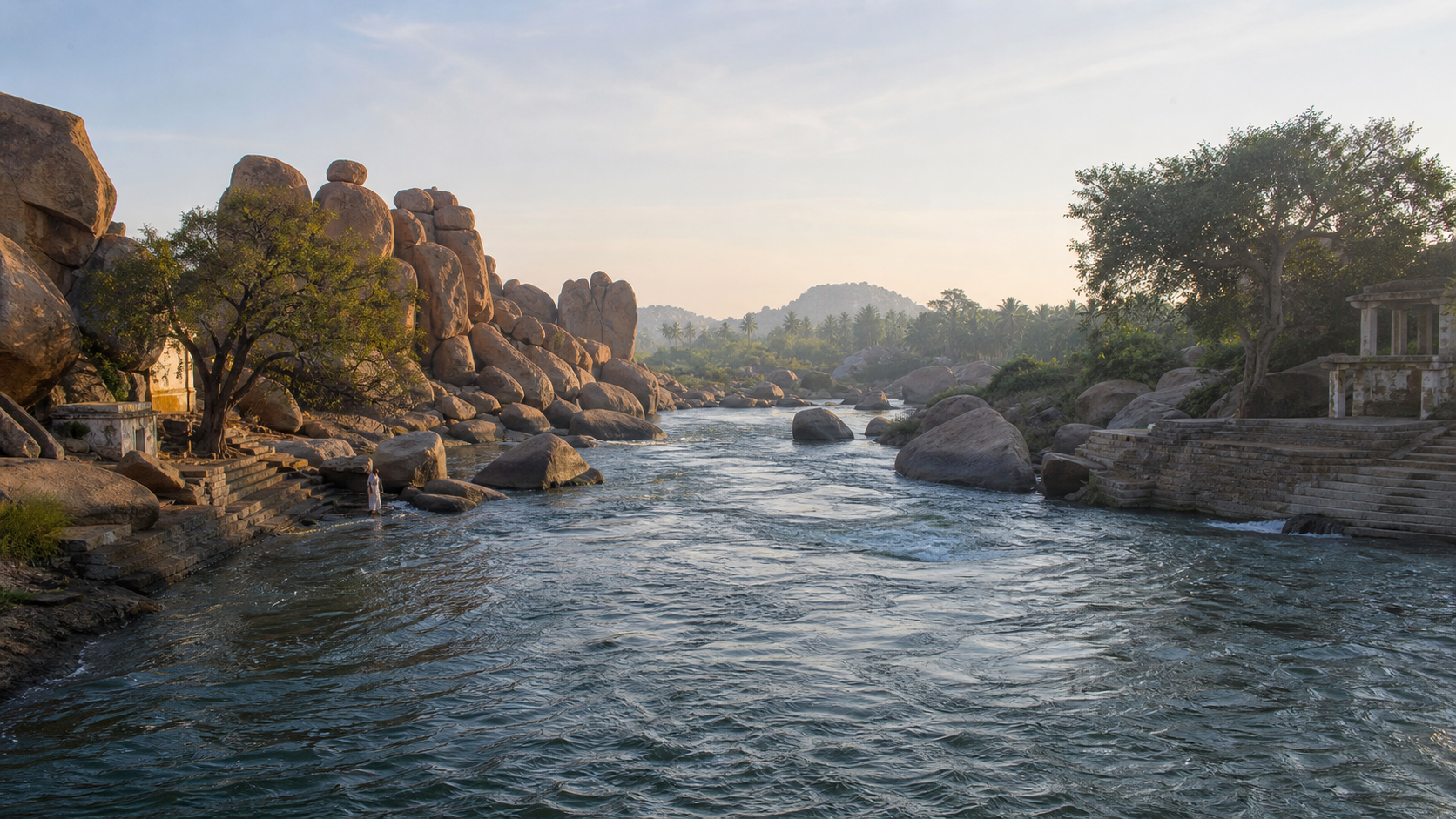 The Tungabhadra River flowing past granite boulders, stone steps, and small historic shrines at Chakratirtha in Hampi at sunrise.