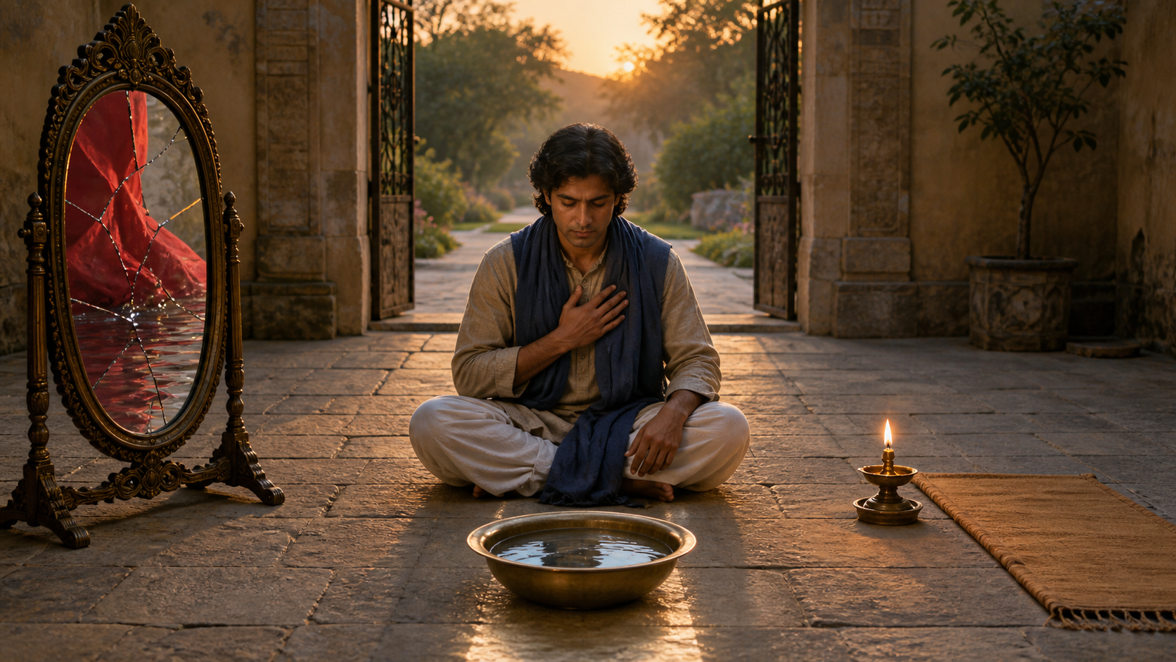 A contemplative practitioner sits in a stone courtyard between a fractured mirror and a steady oil lamp, looking into a bowl of still water at dawn.