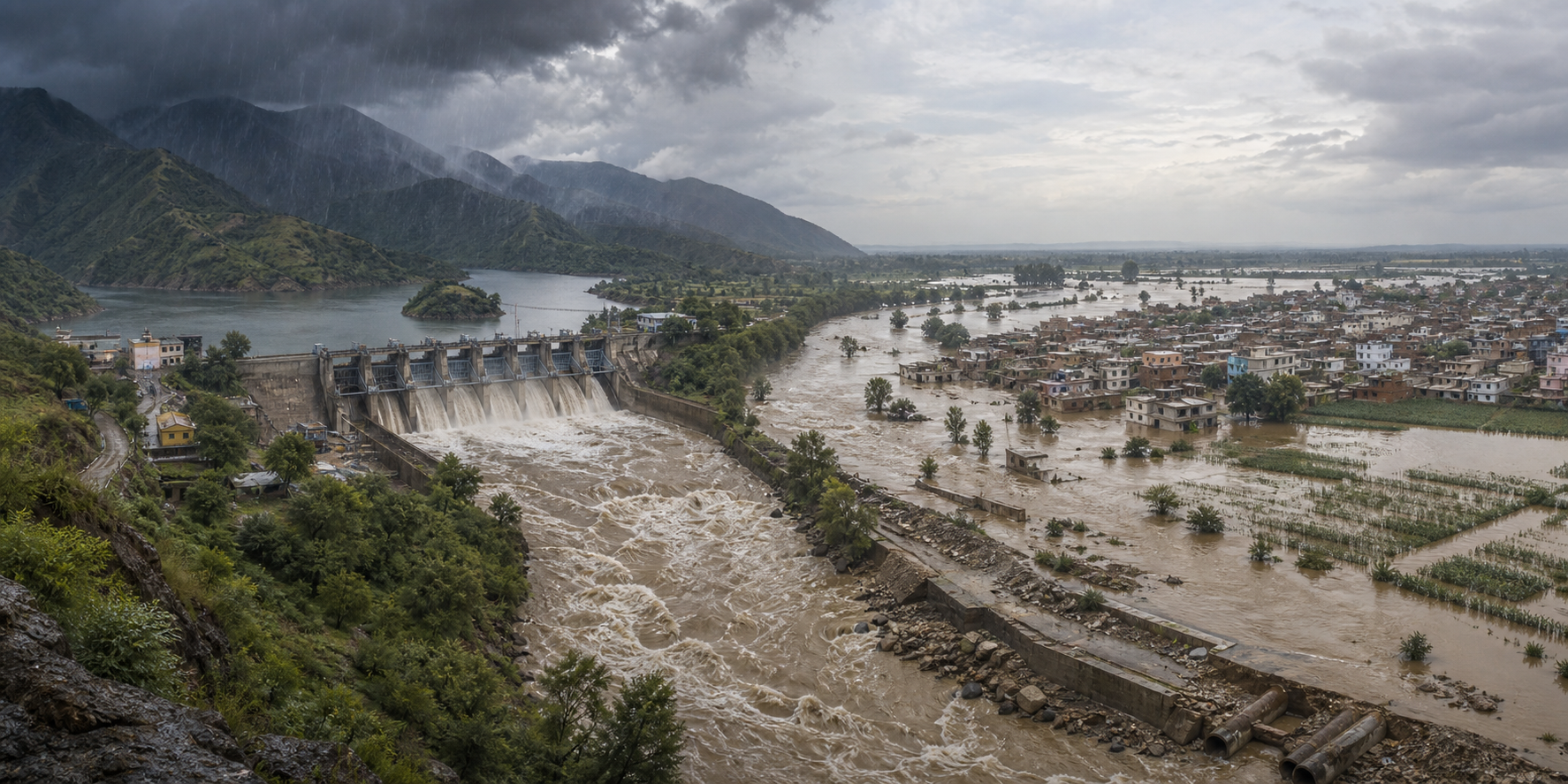A continuous landscape shows heavy rain, a full reservoir, downstream river infrastructure, floodplain homes, damaged drainage, and inundated farmland.