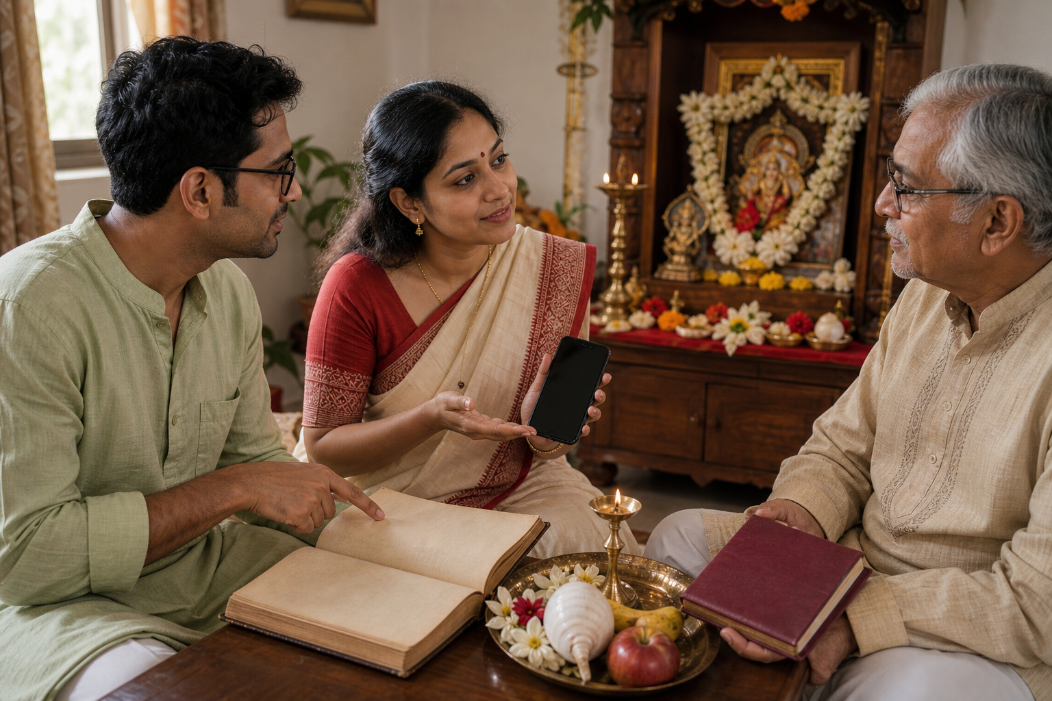 Three generations of a Bengali family calmly compare an almanac, a smartphone, and a closed family notebook beside a prepared puja altar.