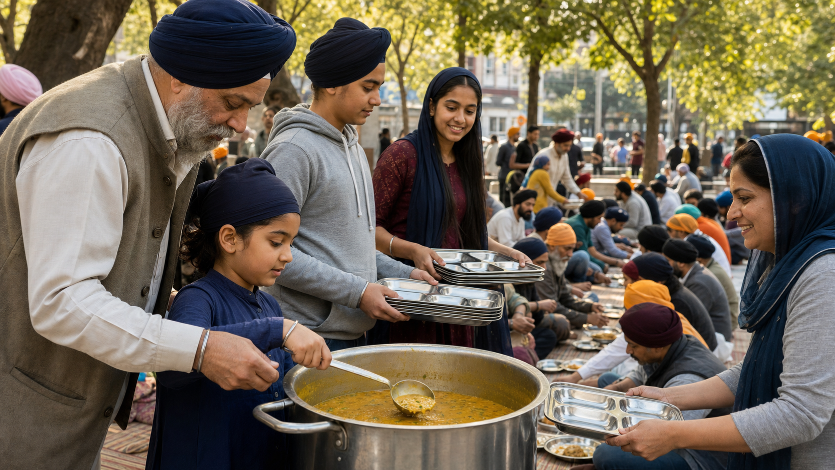 An older Sikh volunteer guides a child serving dal at an outdoor langar while teenagers, adults, and neighbours share the public meal.
