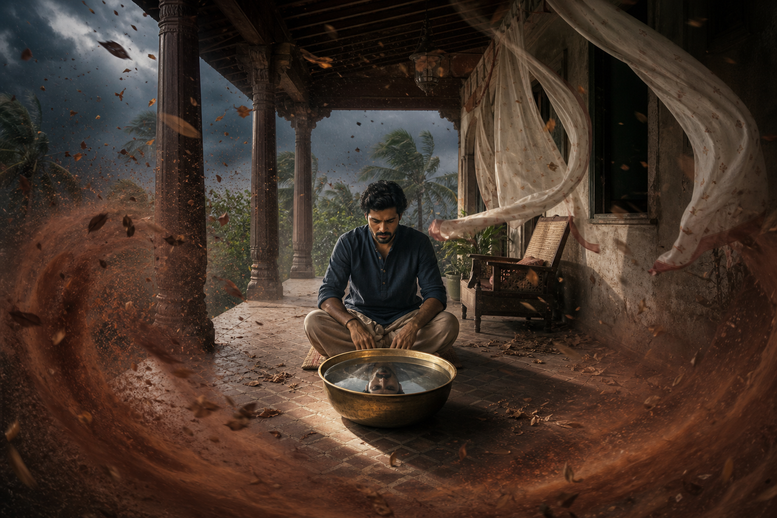 A seated practitioner watches water settle in a brass bowl while wind moves curtains, leaves, and dust around a veranda.