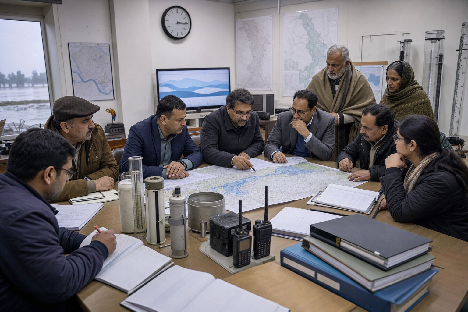 Officials, engineers, hydrologists, and community observers review maps, gauges, clocks, radio equipment, and logbooks in a flood coordination room.