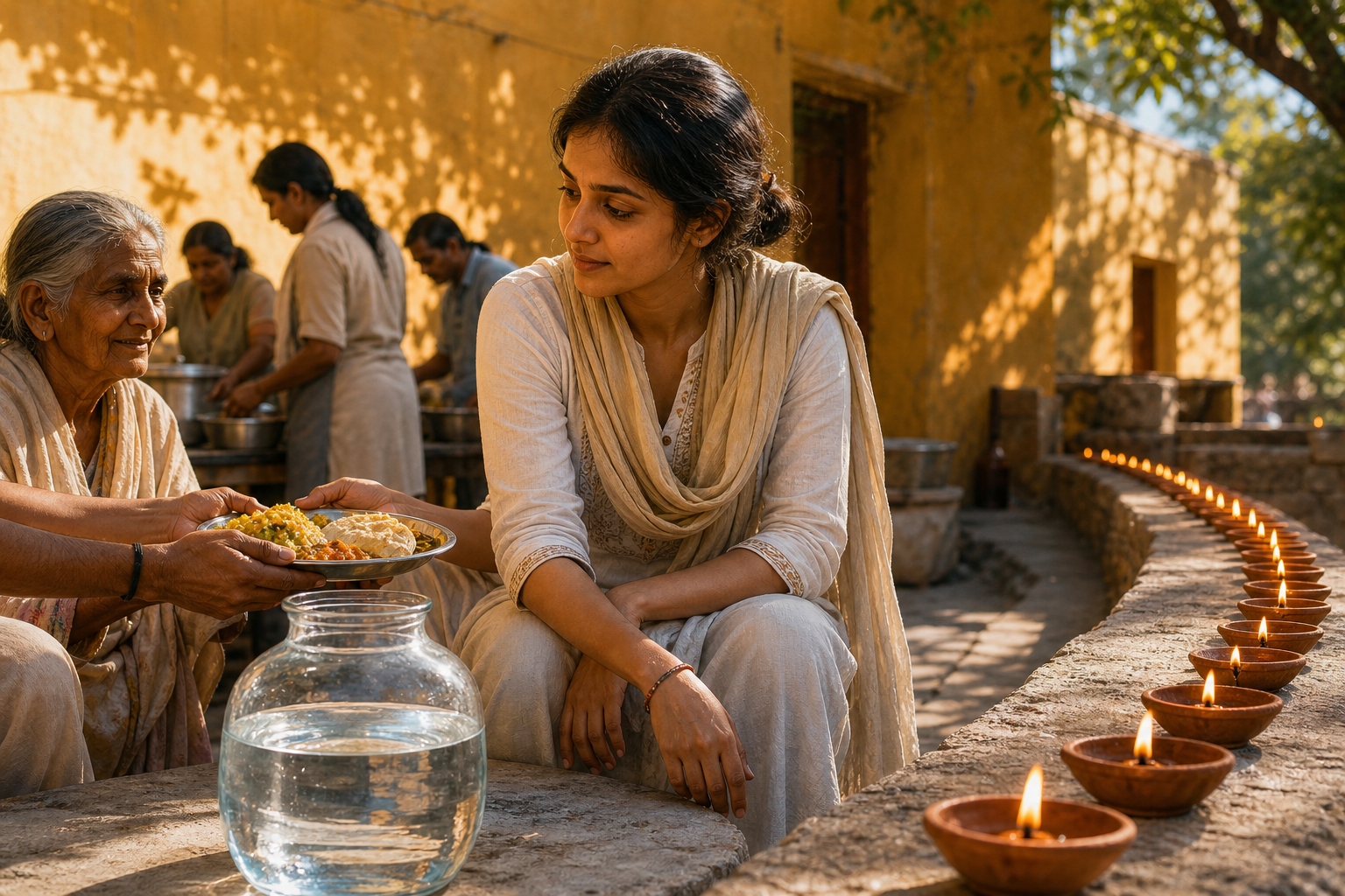 A volunteer in a community kitchen stands near a clear water vessel, a meal being offered to an older guest, and a row of evenly burning clay lamps.