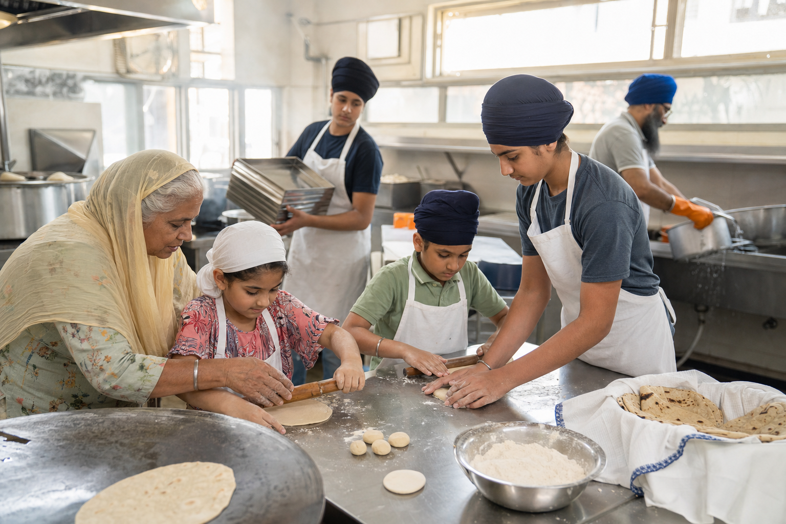 A grandmother and teenage volunteer teach two children to prepare rotis in a gurdwara langar kitchen while other volunteers work nearby.