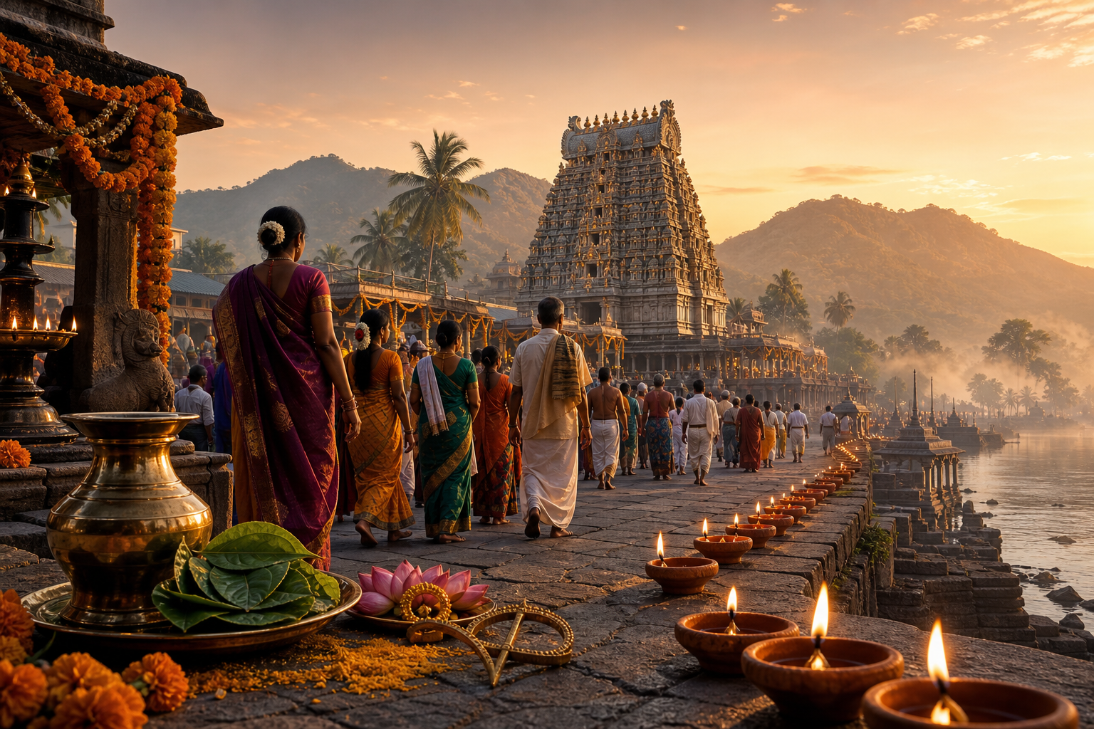 Pilgrims carrying flowers and brass offerings walk toward a South Indian temple at dawn while rows of oil lamps glow along the stone path.