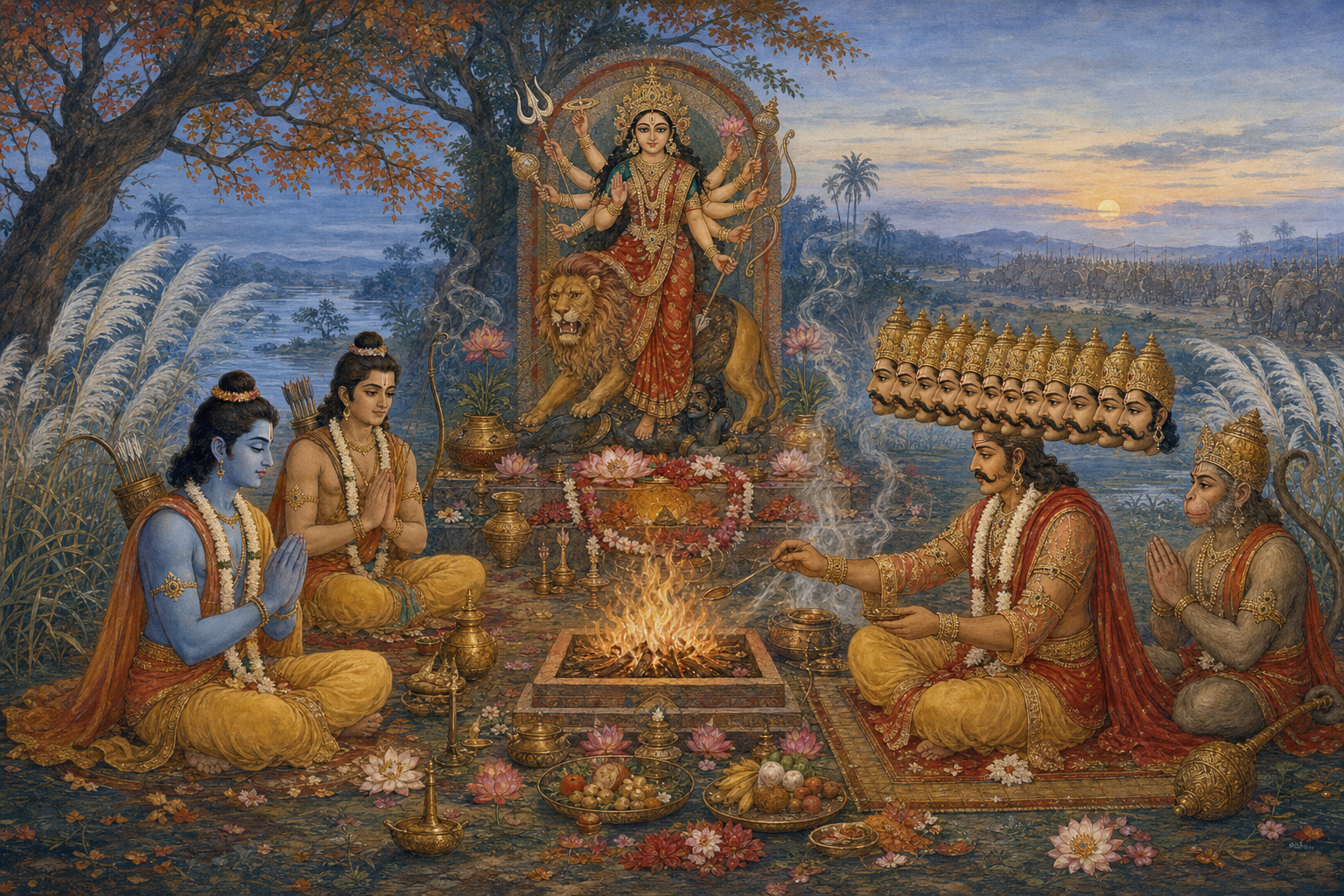 Rama worships Durga at an autumn altar while ten-headed Ravana conducts the fire ritual as priest, with Lakshmana and Hanuman nearby.