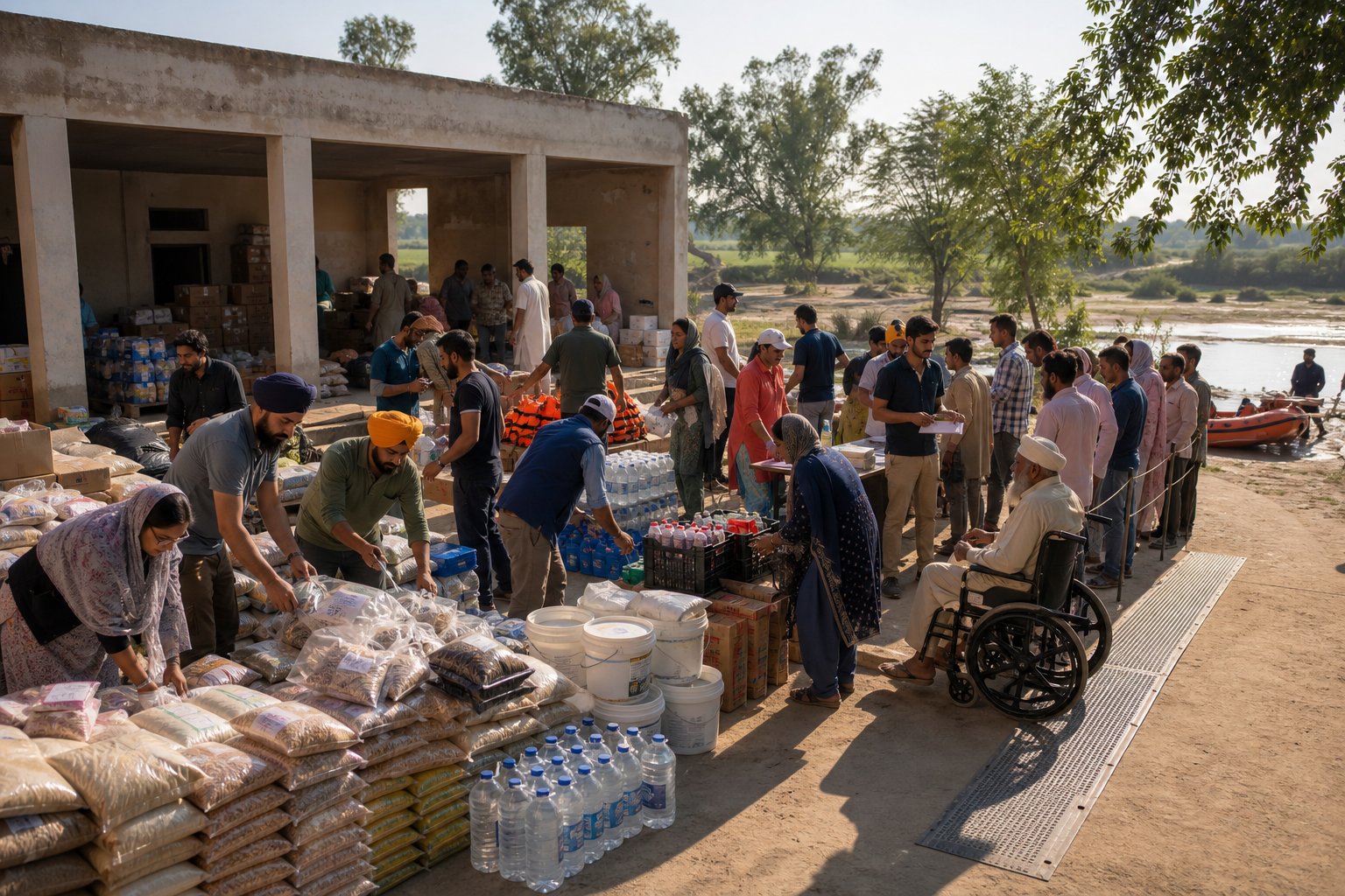 Volunteers from several faith communities organize food, water, medicines, hygiene supplies, animal fodder, and rescue equipment at a rural relief hub.