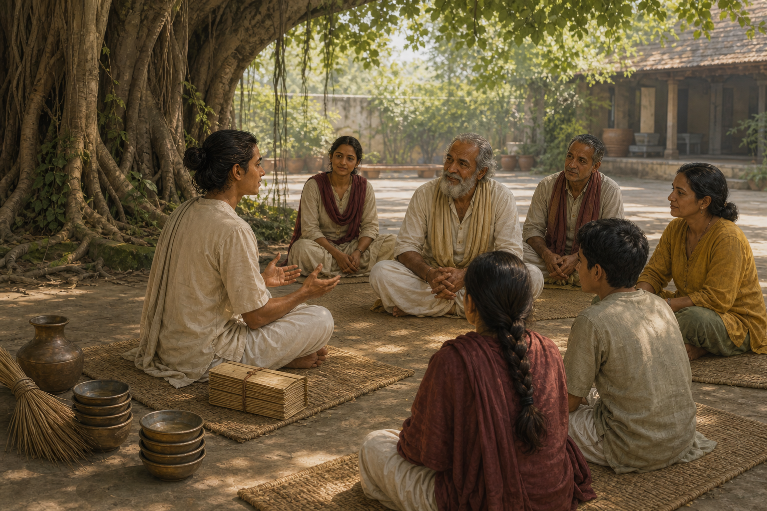 A seeker sits with a teacher and an intergenerational practice circle beneath a banyan tree, with a meditation mat, manuscript bundle, water pot, and meal bowls nearby.