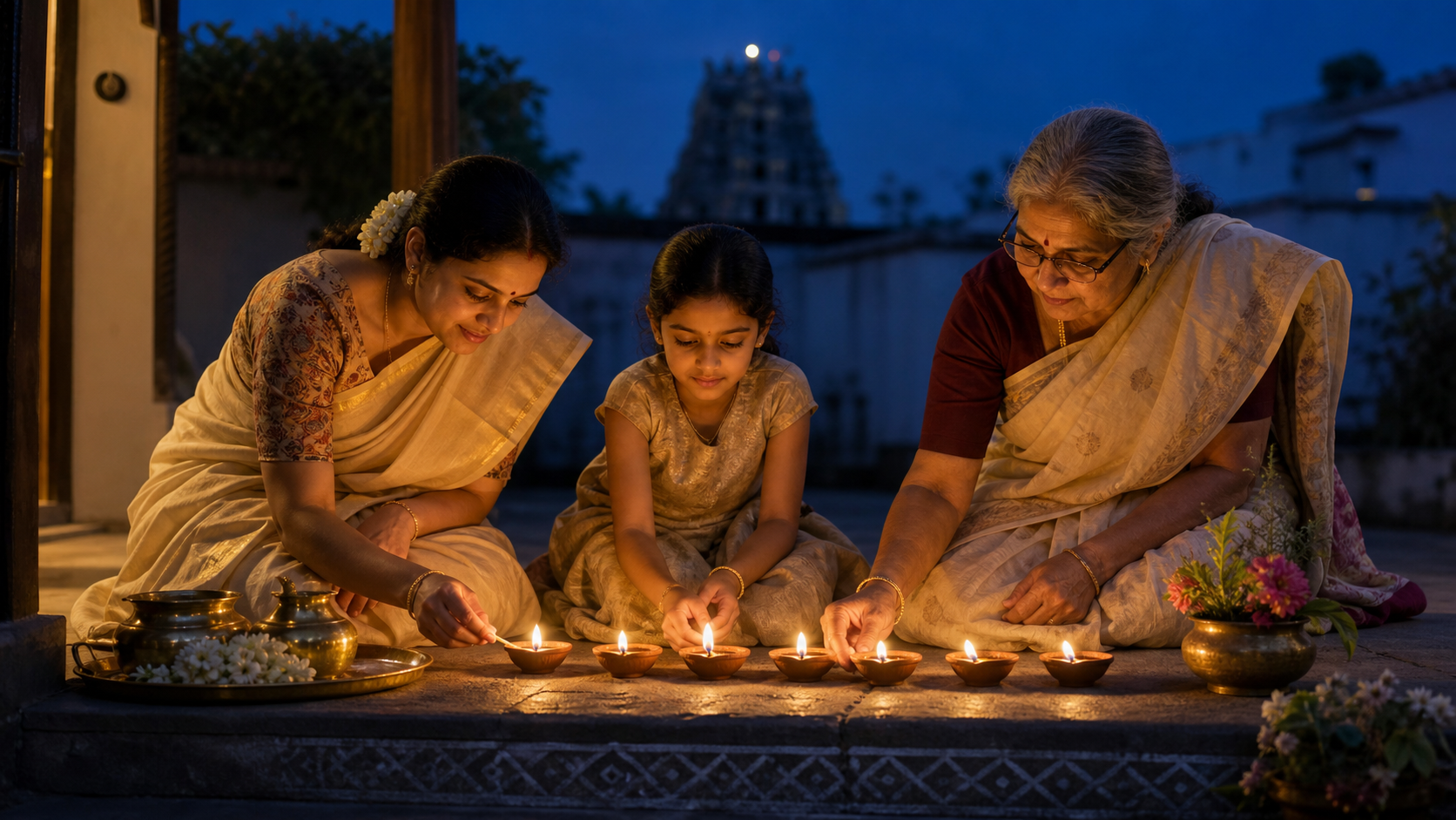 Three generations of a Hindu family light clay oil lamps in a home courtyard at dusk, with a temple silhouette in the distance.