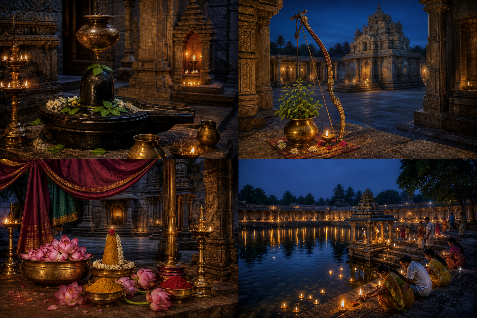 Four devotional scenes show a Shiva shrine, a Rama temple courtyard, Devi offerings, and pilgrims lighting lamps beside a temple tank.