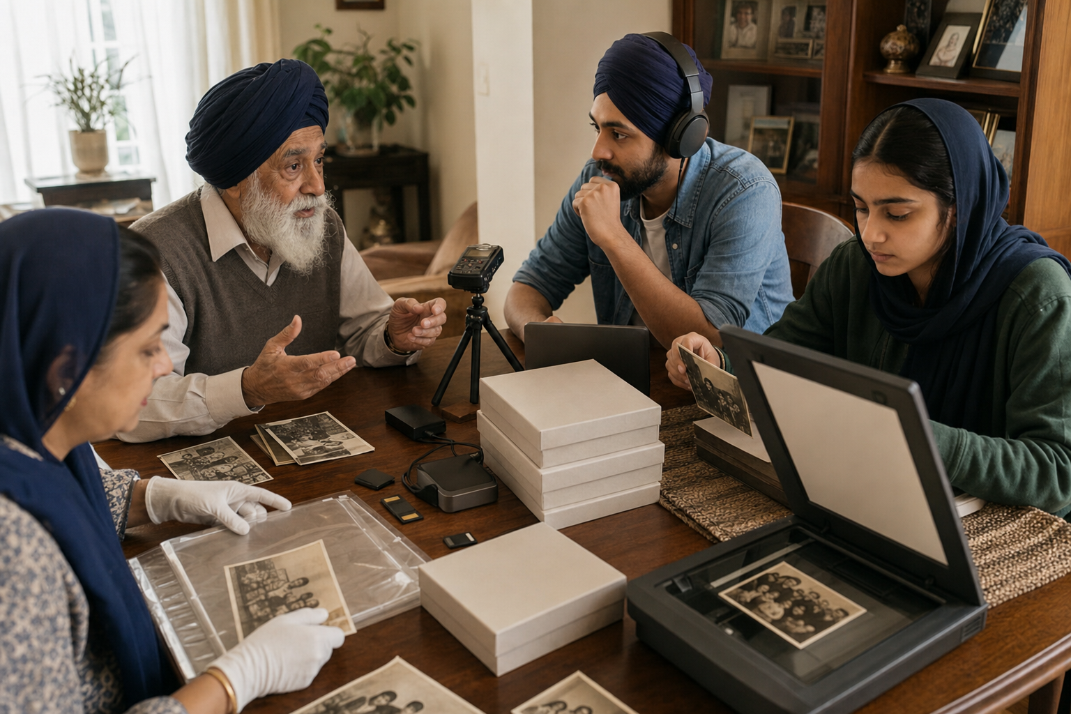 Several generations of a Sikh family record an elder's oral history while scanning photographs and placing prints in archival sleeves.