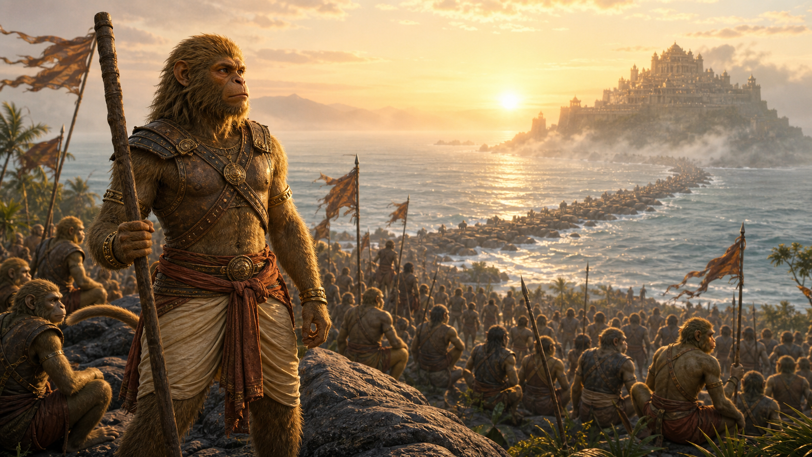 A tawny vanara commander stands above an assembled army with the ocean causeway and distant fortifications of Lanka behind him at sunrise.