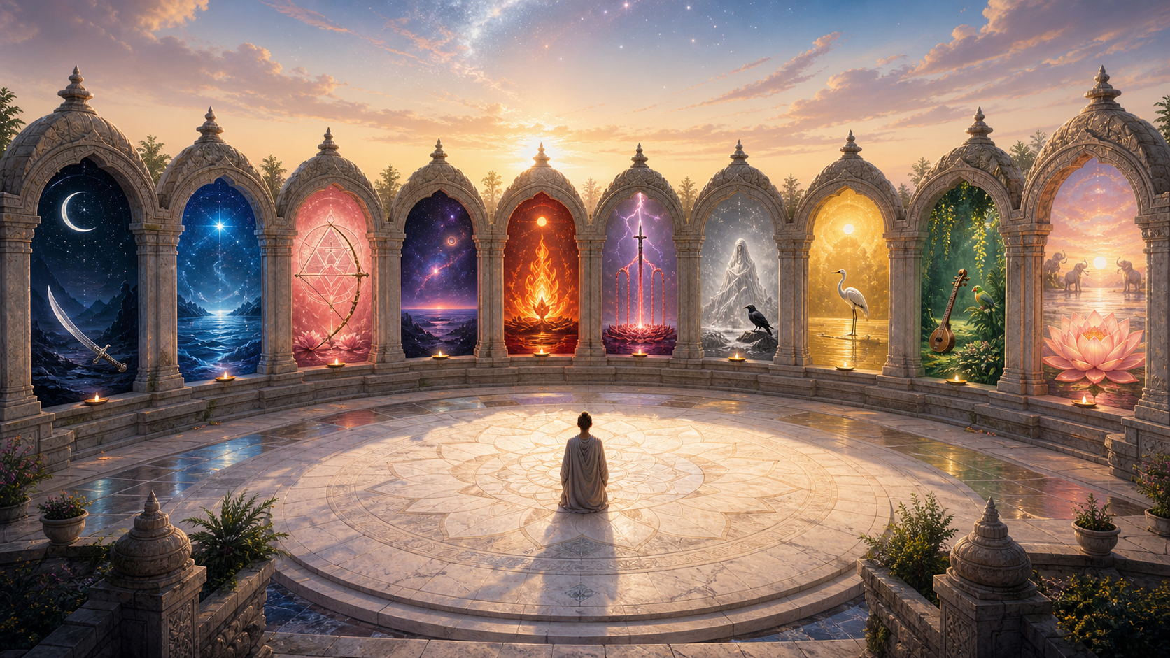 A seeker stands in a circular temple court surrounded by ten illuminated shrine alcoves, each containing different colors and symbolic objects associated with a Mahavidya.