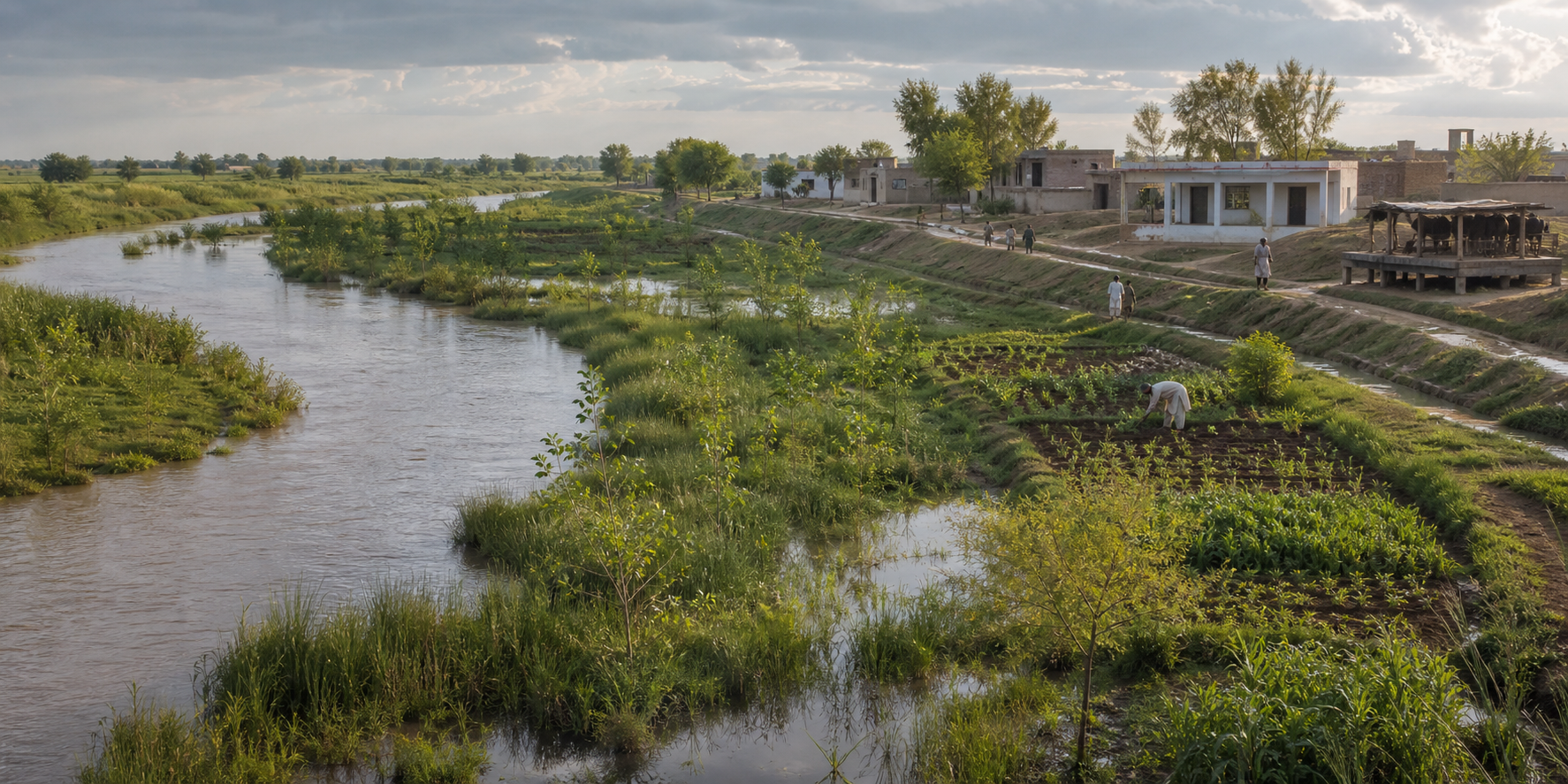 A restored Punjab floodplain includes wetlands, open river space, homes on raised ground, repaired drainage, farmland, livestock shelter, and a village health outpost.