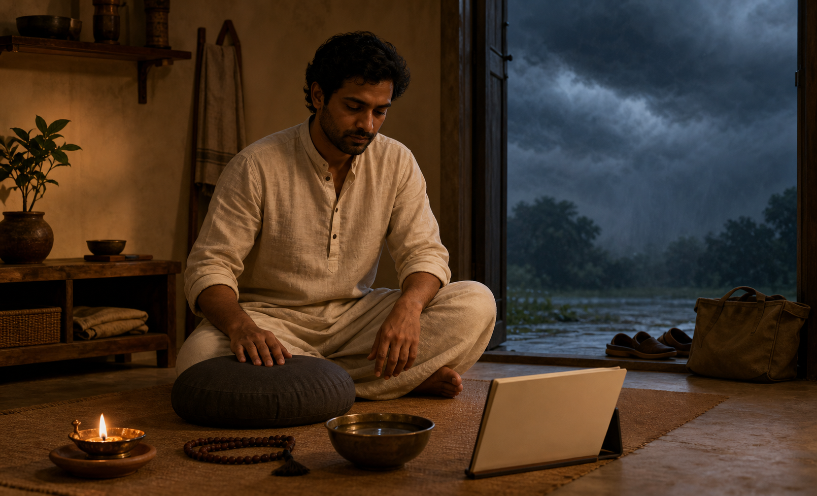 A practitioner finishes a dawn routine beside a cushion, oil lamp, prayer beads, water bowl, and blank notebook while storm clouds gather beyond an open doorway.